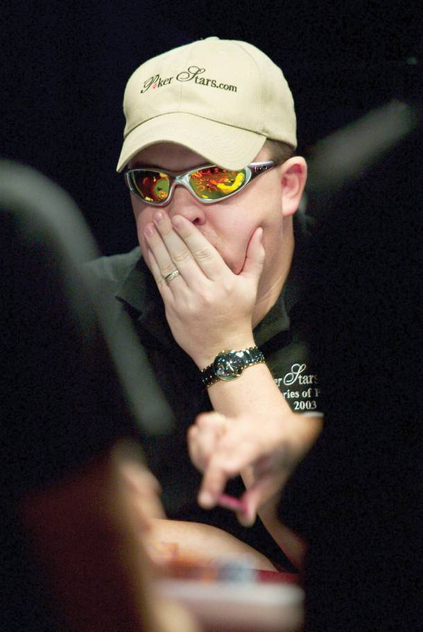 World Series of Poker player Chris Moneymaker studies the table Friday, May 23, 2003, at Binions Horseshoe.