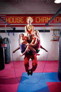 Thompson's "Gong Show" act includes trick jump roping and a finale in which he jumps with three women clinging to him.