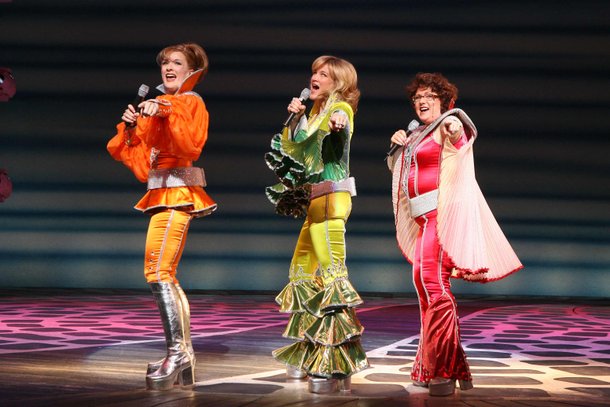 Vicki Van Tassel (left), distinctively costumed with Carol Linnea Johnson and Robin Baxter, in Mamma Mia! at Mandalay Bay.
