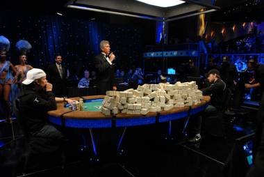 Legendary sports announcer Michael Buffer introduces and kicks off the much-anticipated battle between Ivan Demidov and Peter Eastgate at last year’s WSOP.