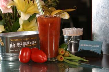 The uber-classic Bloody Mary at Hash House a Go Go comes served in a salt- and pepper-rimmed pint glass, is spicy as all get out and is accompanied by a bounty of assorted fresh and pickled veggies.