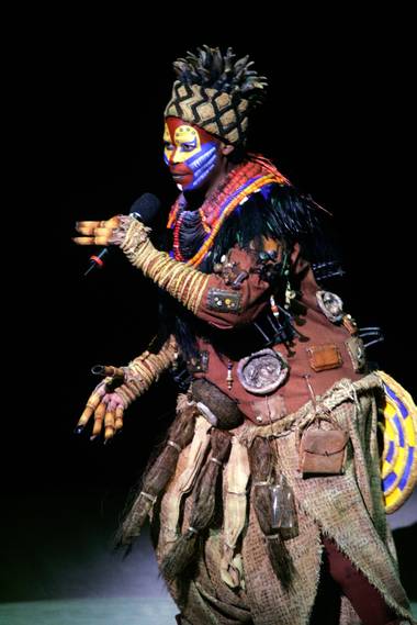 Tshibi Manye, who plays Rafiki in the Broadway cast of The Lion King, performs a number during a preview event for the show, which will open in May 2009 at the Mandalay Bay Theatre. 