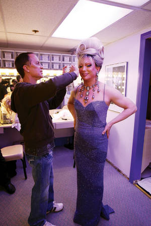 Frank Marino gets a touch-up before performing in his show, <em>Divas Las Vegas</em>.