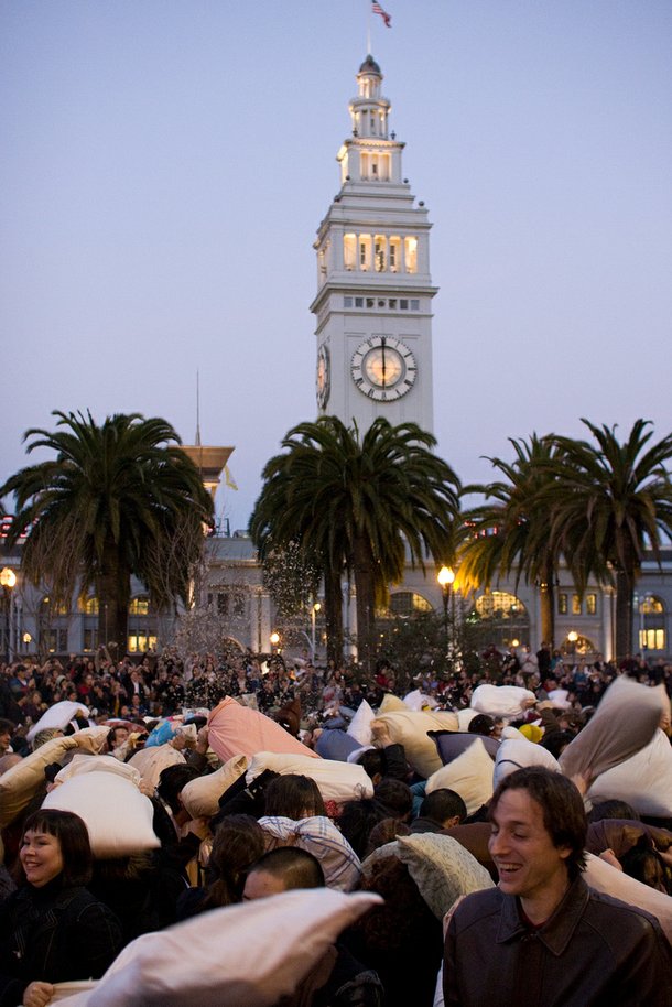 The sweet sight of flying pillows in San Francisco in 2008.