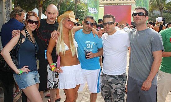 At the Beatport Pool Party, March 27. Left to right: Deanna Rilling, Jordan Stevens, Casey Rotary, Eric McKeon, Nick TerraNova (aka Starkillers) and Austin Leeds.