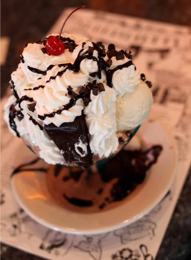 The Forbidden Broadway Sundae sits on the counter in Serendipity 3 Restaurant at Caesars Palace, a branch of the original located in New York City. See the recipe below.