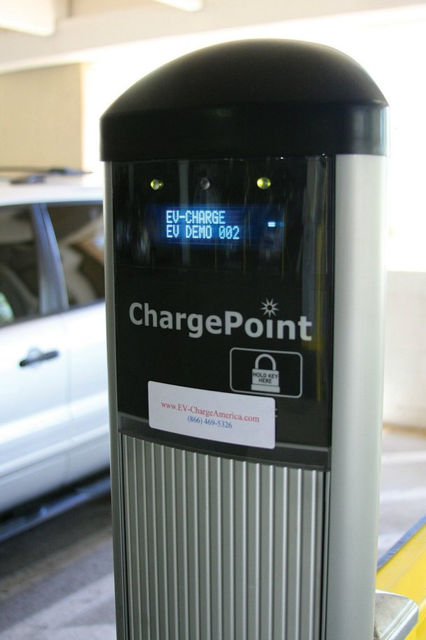 An electric-car charging station at Rampart Casino.