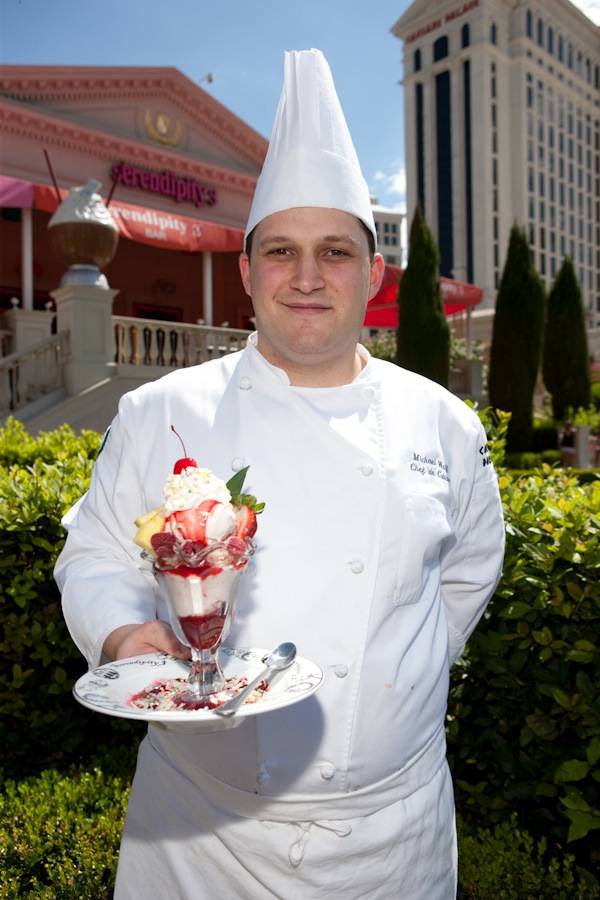 Chef Michael Wolf celebrates the 100th performance of <em>The Showgirl Must Go On</em> with a special sundae from Serendipity 3 at Caesars Palace.