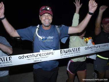 Bill Andrews crosses the Badwater Ultramarathon finish line.