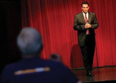 Danny Tarkanian takes a question from an audience member during a health-care town-hall meeting at the Starbright Theater on August 20.