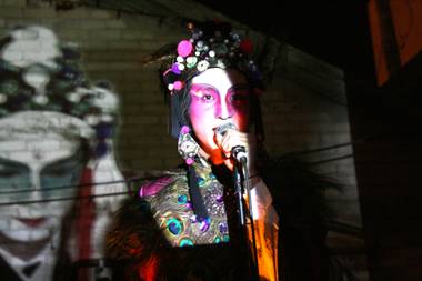 From Hong Kong via L.A., Ming from Ming and Ping took the stage from Beauty Bar in elaborate peacock feathered headdress. 