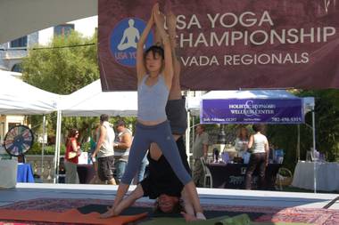Performance duo at the Nevada Regionals Yoga Championship in Town Square.