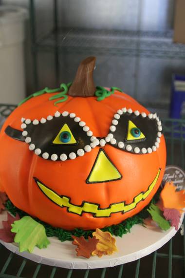 Freed’s “Phantom of the Pumpkin” cake on display at the bakery.