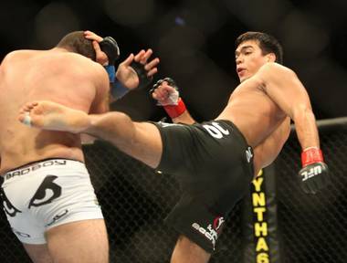 Lyoto Machida, right, connects with Shogun Rua Saturday night during the main event of UFC 104 at Staples Center in Los Angeles. Machida won a controversial unanimous decision for the UFC light heavyweight title.