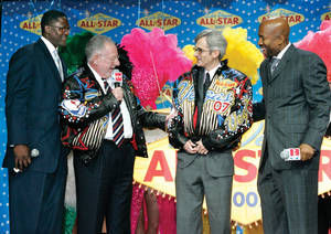 Rory Reid (right) with Mayor Oscar Goodman at the NBA All Star Game logo unveiling.