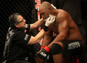 Cutman Stitch Duran helped Marcus Jones during his fight but coach Rampage Jackson was nowhere to be found. 