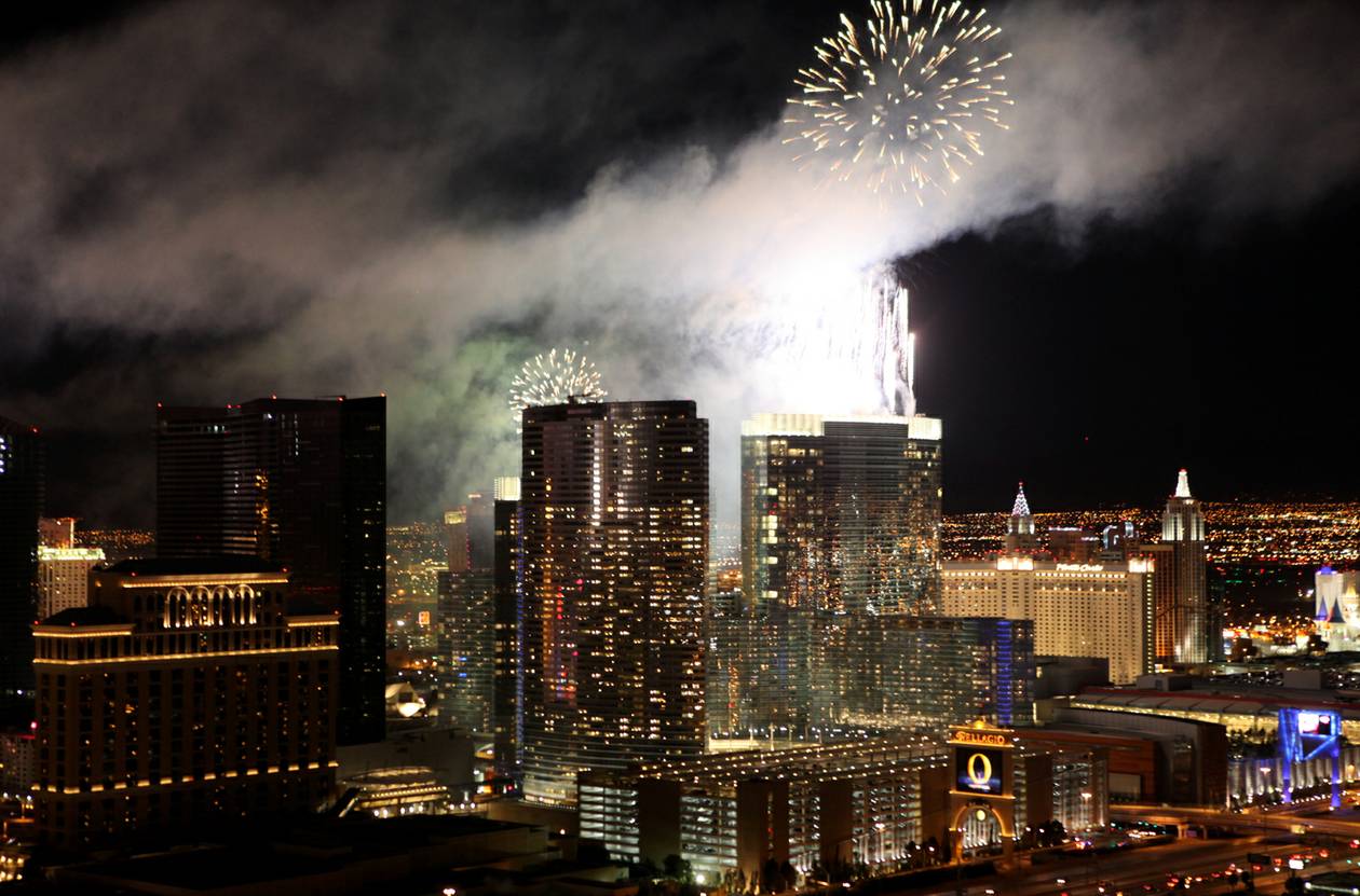 A total of $500,000 was spent to fire 96,000 blasts from the rooftops of seven Strip resorts for more than 300,000 people, making New Year's Eve in Las Vegas the nation's grandest spectacle. 
