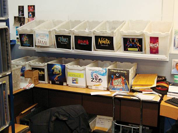 The mail room routes correspondence for performers posted at Cirque shows around the world.