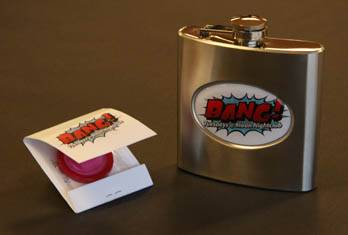 Bang! Swag: Party invitations arrived in the form of custom Bang! flasks. At Moon nightclub, condoms concealed inside matchbooks reminded partygoers to Bang! responsibly.