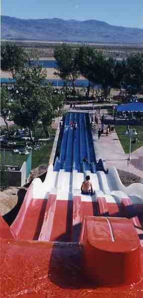 A view of the once lush grounds and pristine lake before sliding at Rock-A-Hoola in the 1990s. 