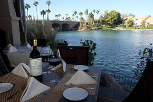 The lakeside view from Marche Bacchus in Summerlin.