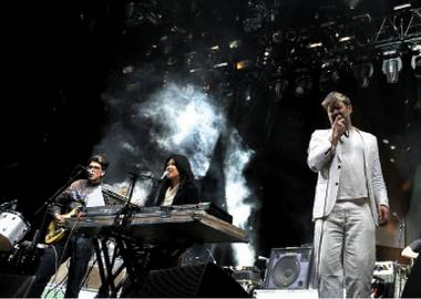 All my friends: Whang (center) and Murphy (right) lead LCD Soundsystem to town on October 12.