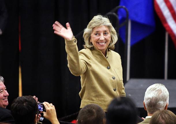 Rep. Dina Titus, D-NV, waves as she is introduced during a campaign rally for Senate Majority Leader Harry Reid at Valley High School Tuesday, October 12, 2010.