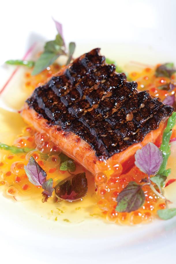Griddled sockeye salmon with smoked trout roe, radish and ginger vinaigrette.