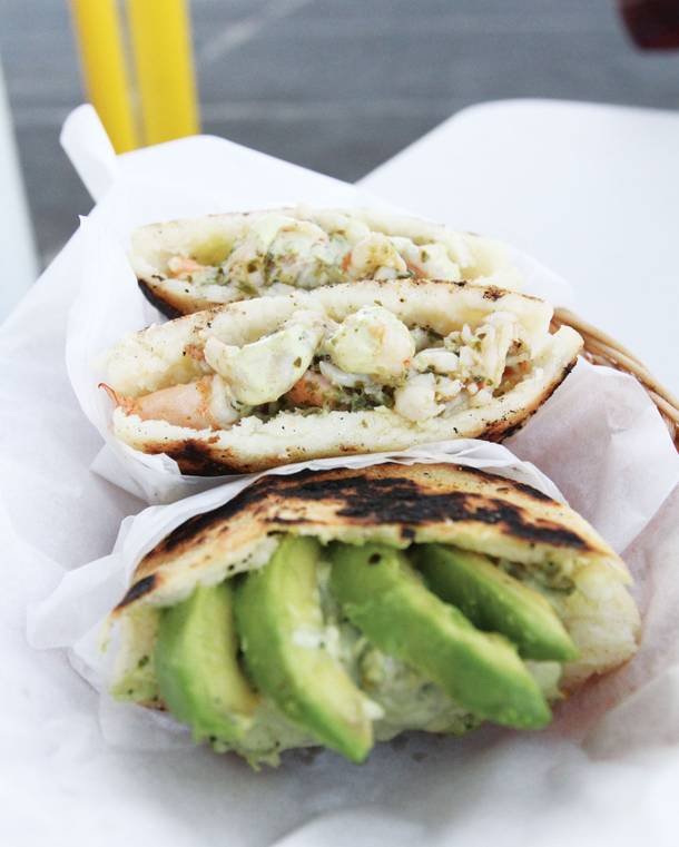 From the cold menu, chicken and avocado and garlicky shrimp arepas.