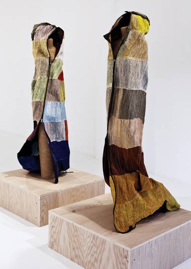Cathy Fairbanks’ “Sleeping Bags” presents two sleeping bags lovingly stitched in swirling methodical zigzags that pucker and manipulate them in such a way as to subtly suggest the curve of a recently vacated body. 