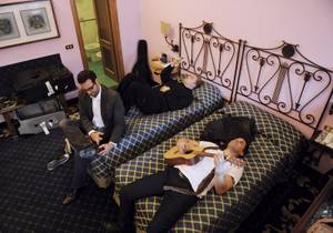 Statosphere headliner Frankie Moreno and his brothers Ricky and Tony develop lyrics for the song "Mine" from their hotel room in Florence.