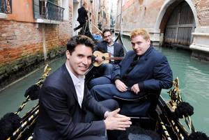 Stratosphere headliner Frankie Moreno and his brothers Ricky and Tony take a gondola ride through Venice while singing "Missin' You." 