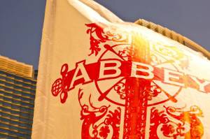 A flag from the venue when it took over the Vdara pool deck for its pop-up pool club, Abbey Beach.
