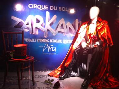 This window display is one of few obvious promotions for Cirque du Soleil’s upcoming Zarkana.