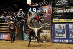 Renato Nunes tries to make the whistle on PBR legend Chicken on a Chain.