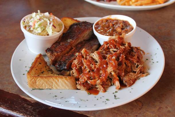Top Notch's two-meat combo plate with spareribs, pulled pork, baked beans and coleslaw.