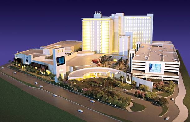Work began last month to transform the Sahara into the SLS Las Vegas. A model of the property is pictured.