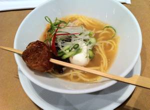 Wagyu broth ramen with crispy beef tendon at Stripsteak's Japanese beef and whiskey event.