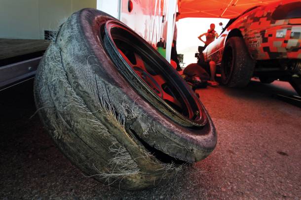 About $8,000 of Danny's budget goes to tires. This one burst like a sausage skin at Willow Springs, giving a whole new meaning to 
