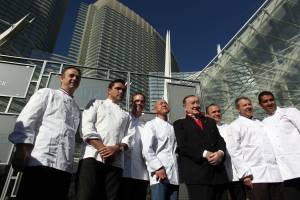 From left, Jean-Philippe Maury, Todd English, Shawn McClain, Masa Takayama, Sirio Maccioni, Jean-Georges Vongerichten, Julian Serrano and Michael Mina pose at the late 2009 opening of Aria. Except for McClain and Takayama, all of these chefs and restaurateurs also helped open Bellagio in 1998.