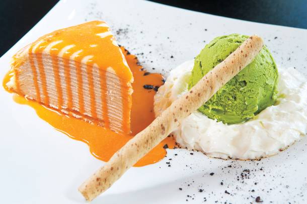 Taiga's crepe cake dessert, served with green tea ice cream, is unlike anything you've tasted.
