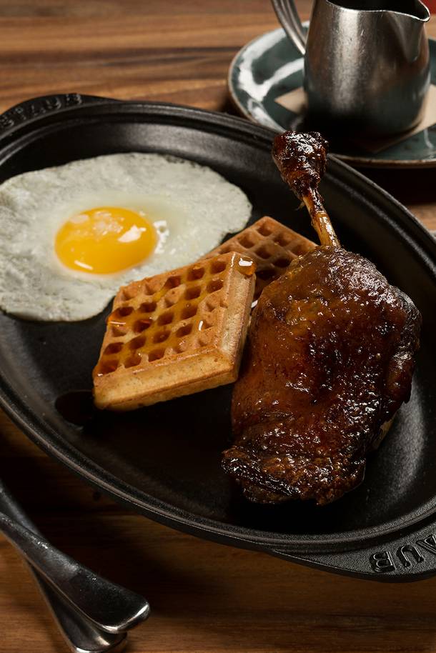 Duck and waffles and maple-bourbon syrup? Let's drool together. 