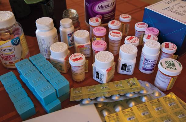 Jenny’s meds, which include three immunosuppressants, five blood pressure medications and others for her stomach and hormones.