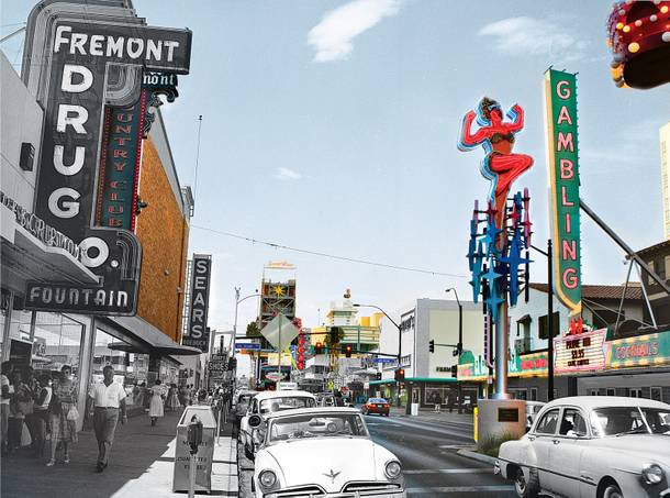 Fremont East, pictured today and in 1960. The Sears is now Backstage Bar & Billiards. J.C. Penney is now Emergency Arts. 