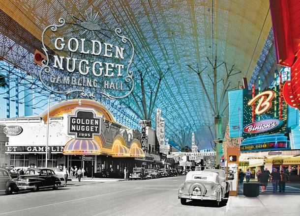 The Golden Nugget and Binion's on Fremont Street, pictured today and in 1949. 