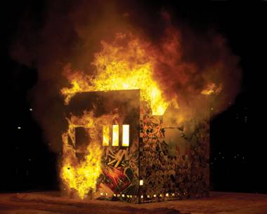 "Once the fire was lit, the cube was quickly engulfed and collapsed into itself in minutes."