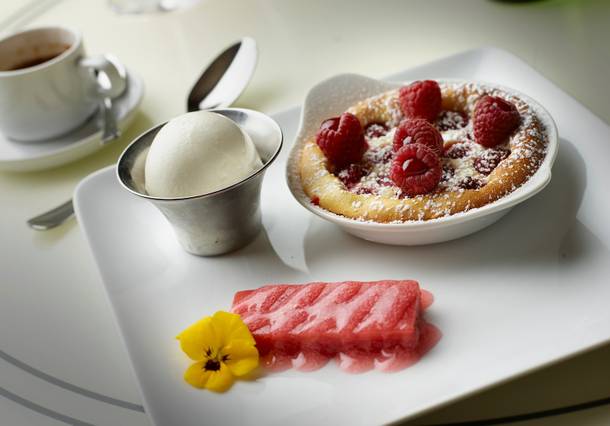 A DB Brasserie dessert, coming soon: raspberry clafoutis with yogurt-ginger gelato and rhubarb gelee.
