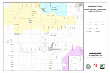 This map shows where applicants have proposed locating medical marijuana establishments in Clark County. Commissioners will vote on the applications during a public meeting on June 5.