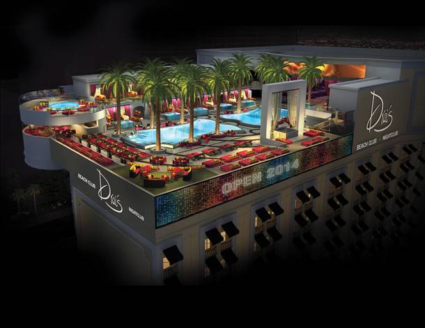 Dreamscape: A rendering of Drai’s Beach Club, shaded by 35-foot palms.
