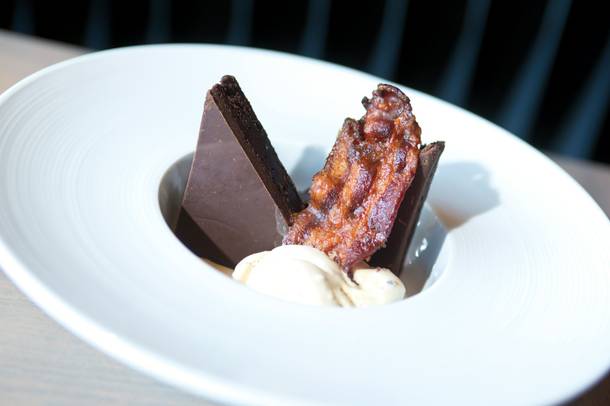 The bourbon fudge brownie comes with brown butter bacon ice cream.